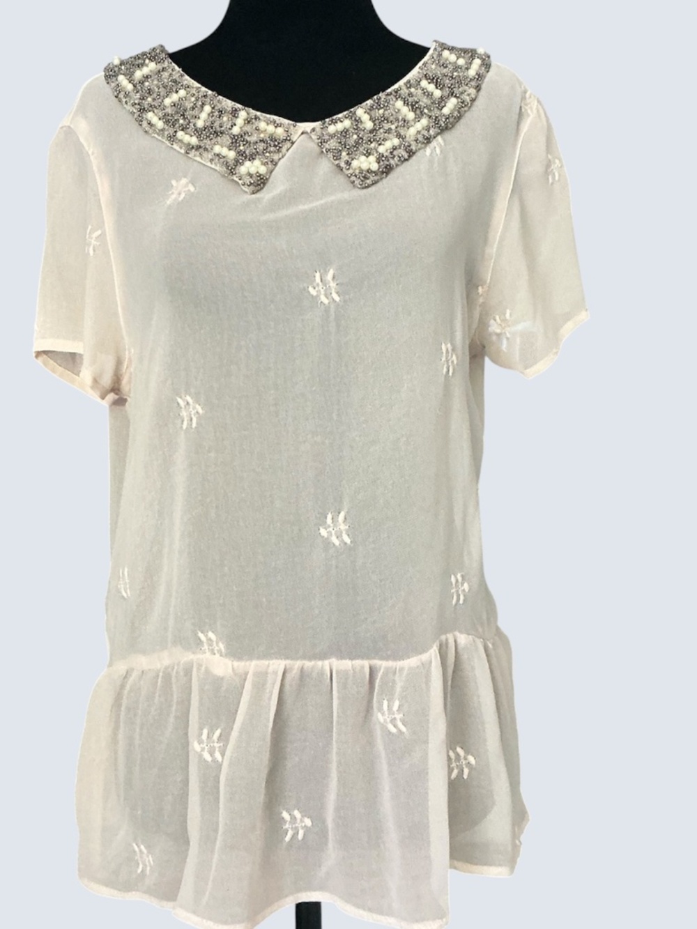 Zara Trafaluc Blush Pink Sheer Chiffon Embroidered Top Beaded Collar Peplum SZ L